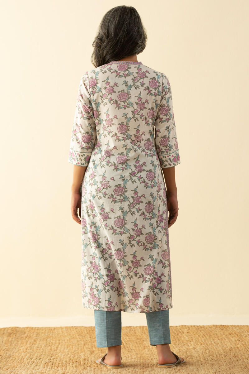 Off-White Block Printed Straight Cotton Kurta