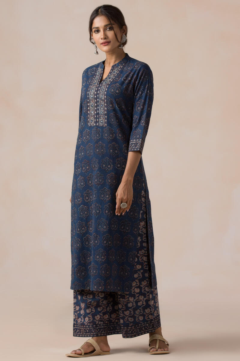 Indigo Block Printed Straight Cotton Kurta