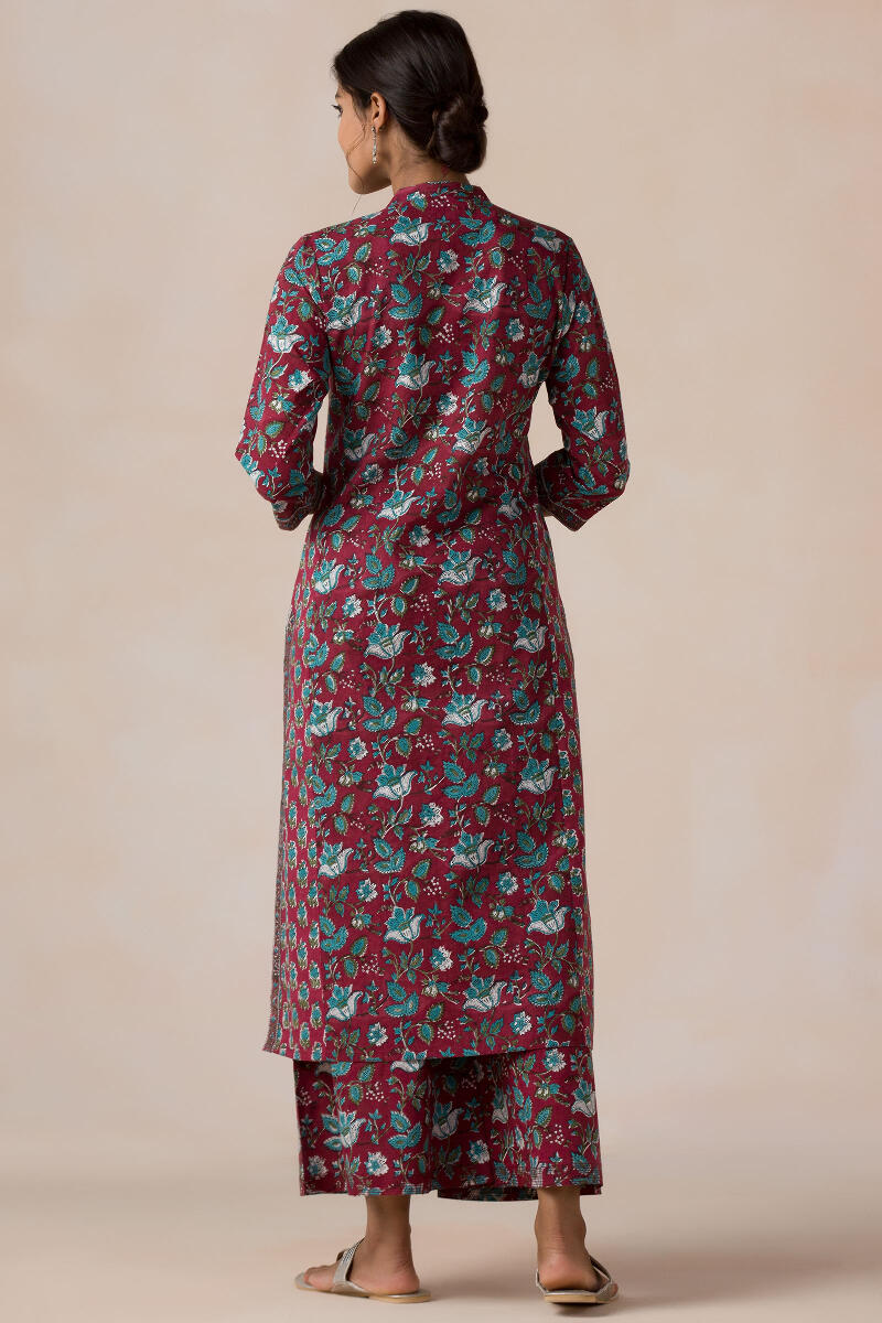 Red Block Printed Straight Cotton Kurta