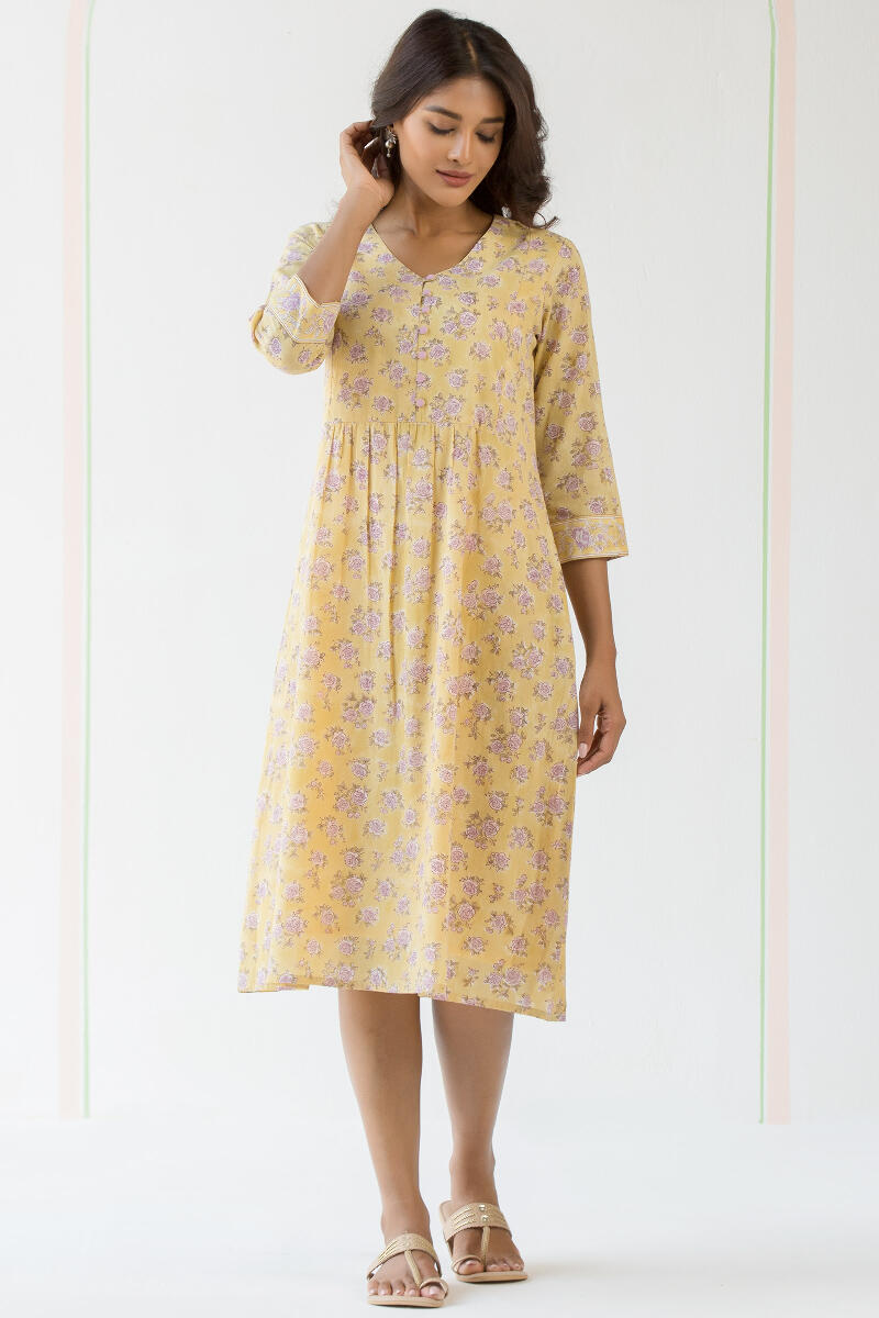 Yellow Block Printed Cotton Dress