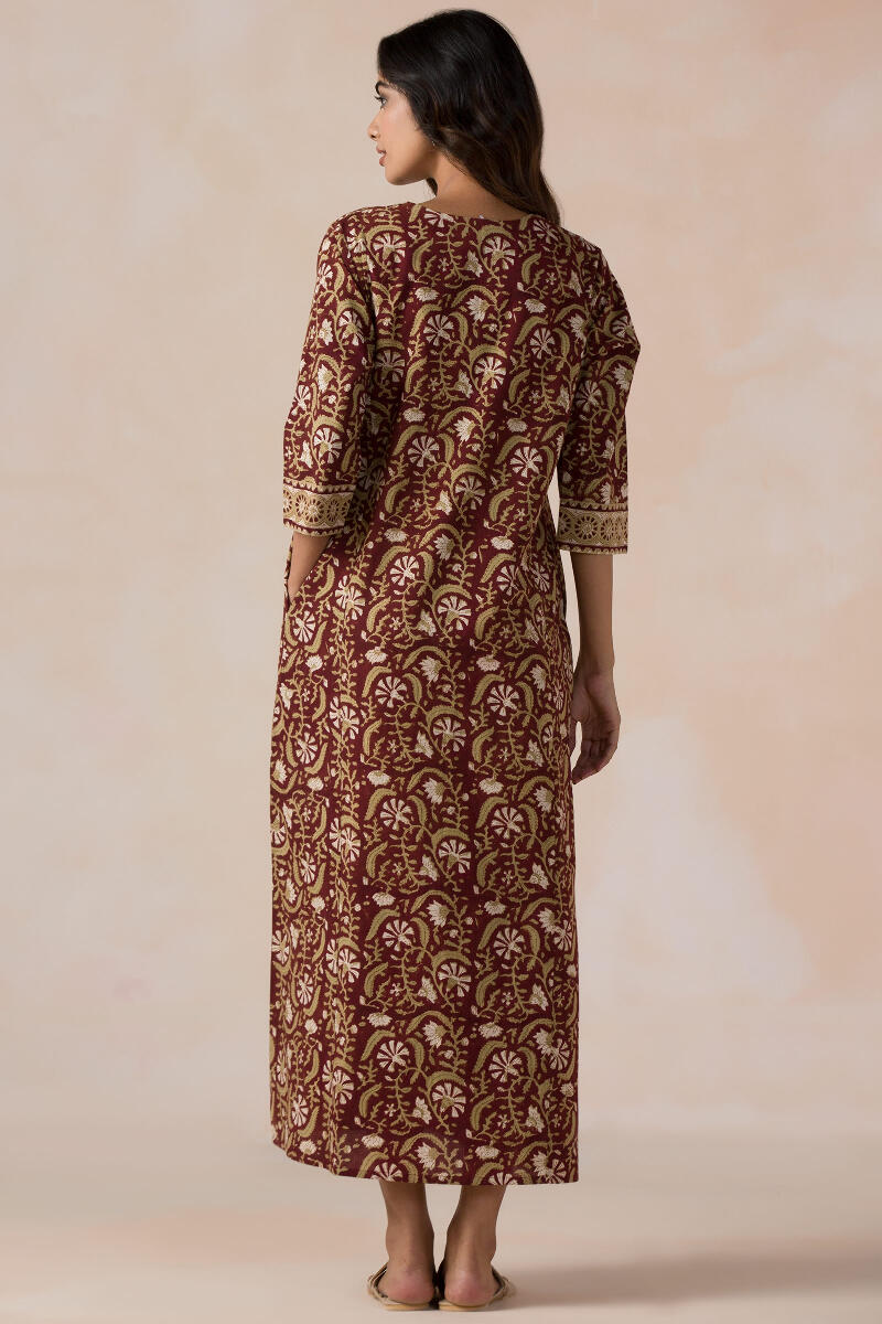 Brown Block Printed Cotton Kaftan