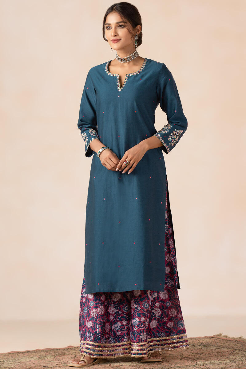 Blue Handcrafted Straight Chanderi Kurta