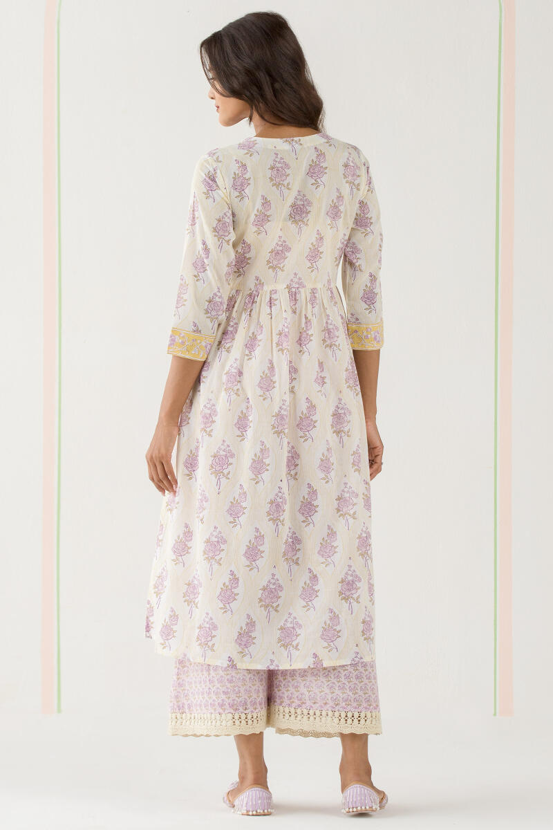 Yellow Block Printed A-Line Cotton Kurta