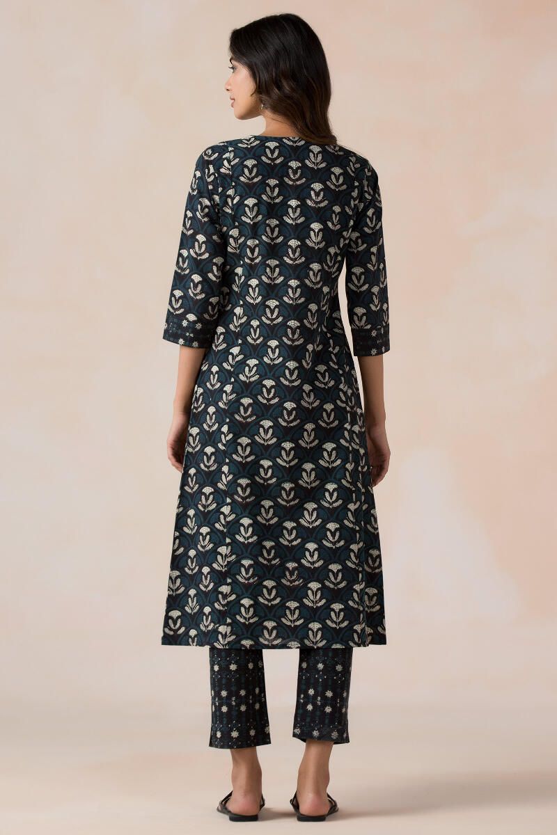 Black Block Printed A-Line Cotton Kurta