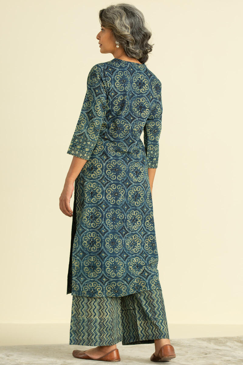 Indigo Block Printed Straight Cotton Kurta