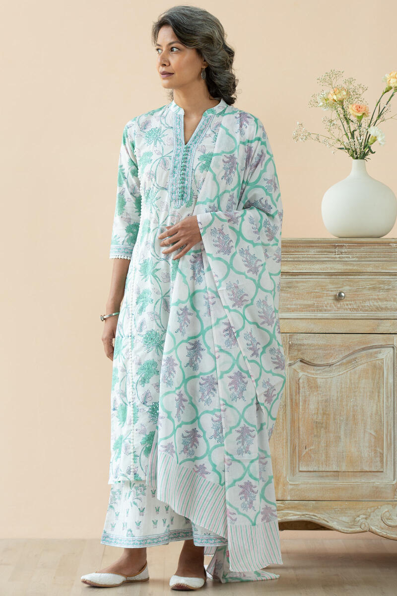 White Block Printed Straight Cotton Kurta