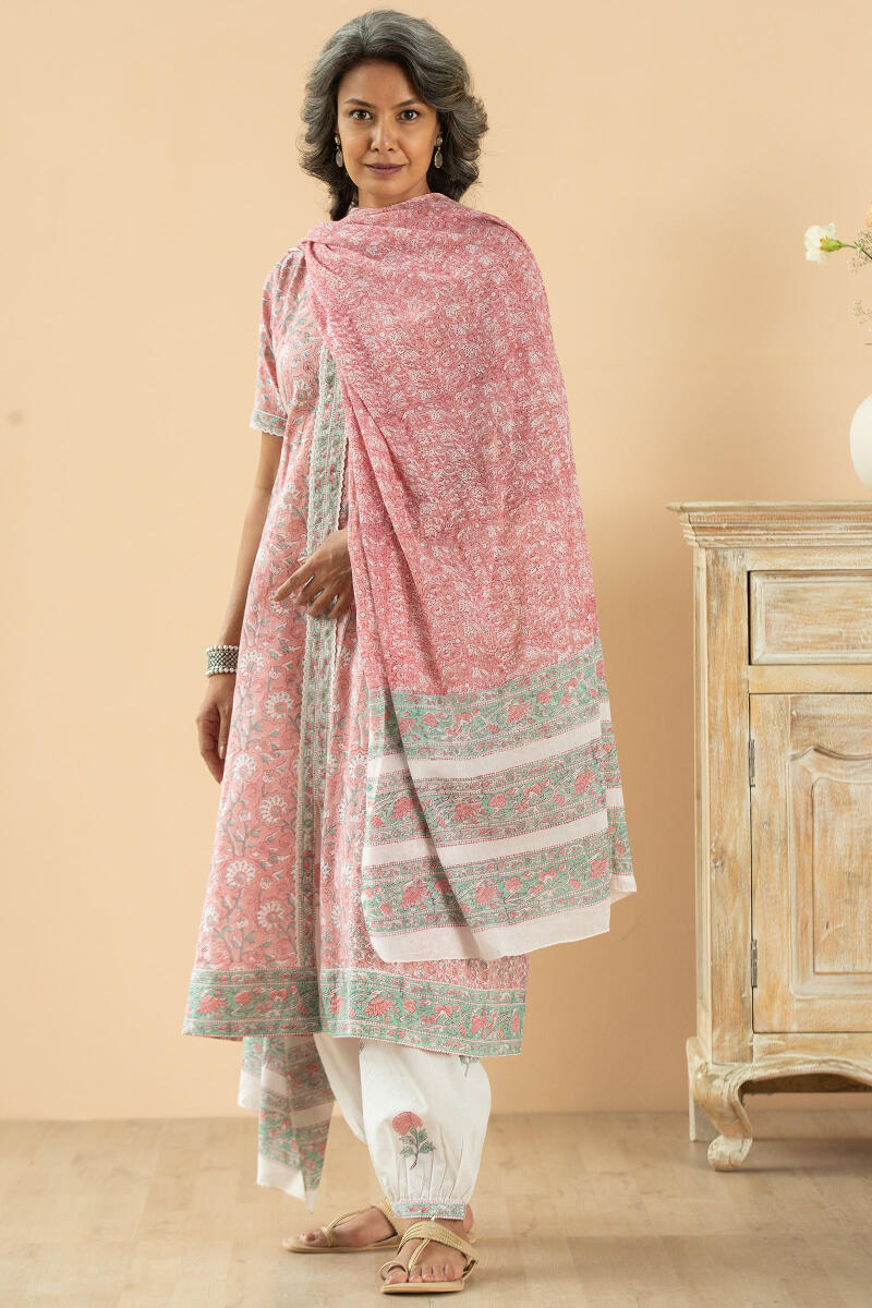 Pink Block Printed Cotton Dupatta