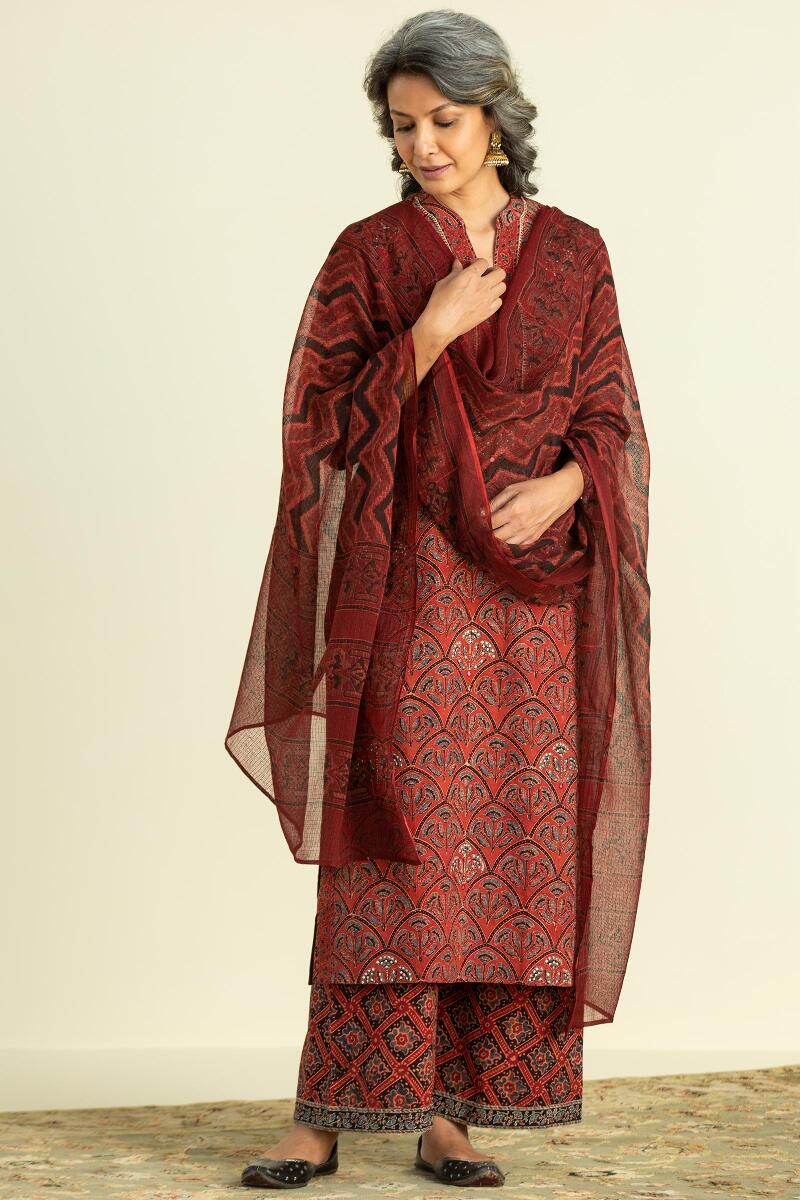 Red Block Printed Straight Cotton Kurta