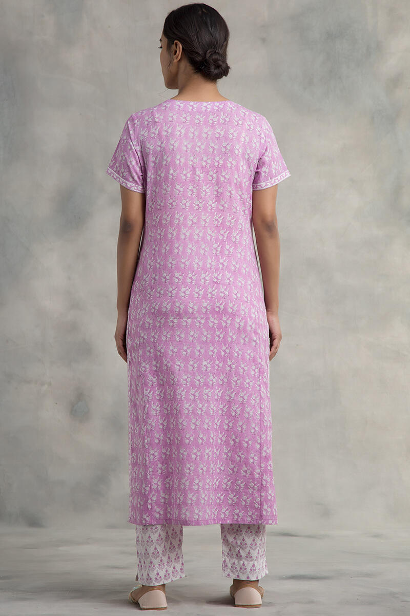 Pink Block Printed Straight Cotton Kurta