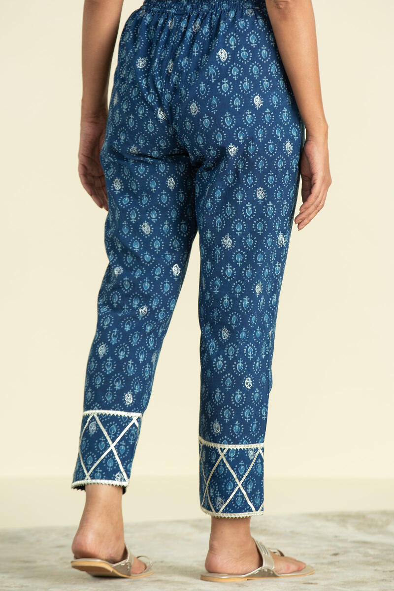 Indigo Block Printed Cotton Narrow Pants