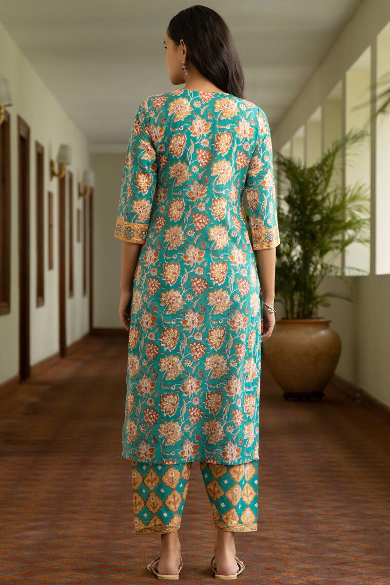 Turquoise Block Printed Straight Cotton Kurta