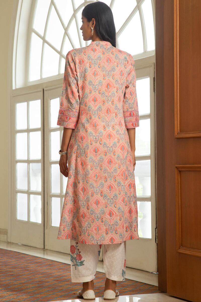 Brown Block Printed A-Line Cotton Dobby Kurta