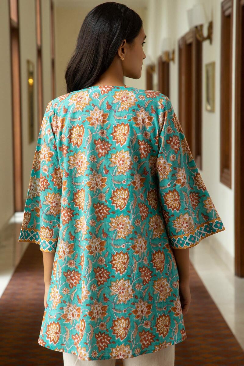 Turquoise Block Printed Cotton Kimono