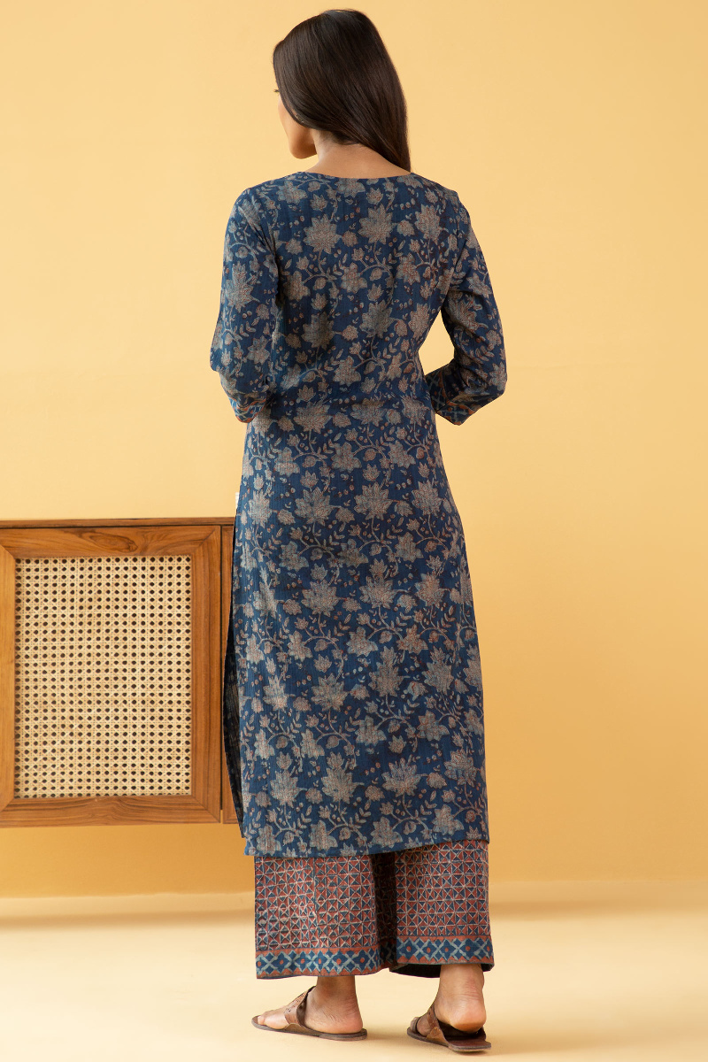 Indigo Akola Block Printed Straight Cotton Dobby Kurta