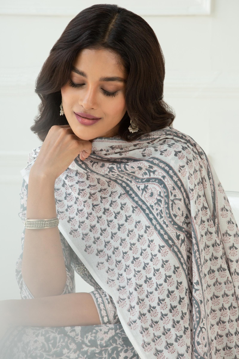 White Block Printed Cotton Dupatta