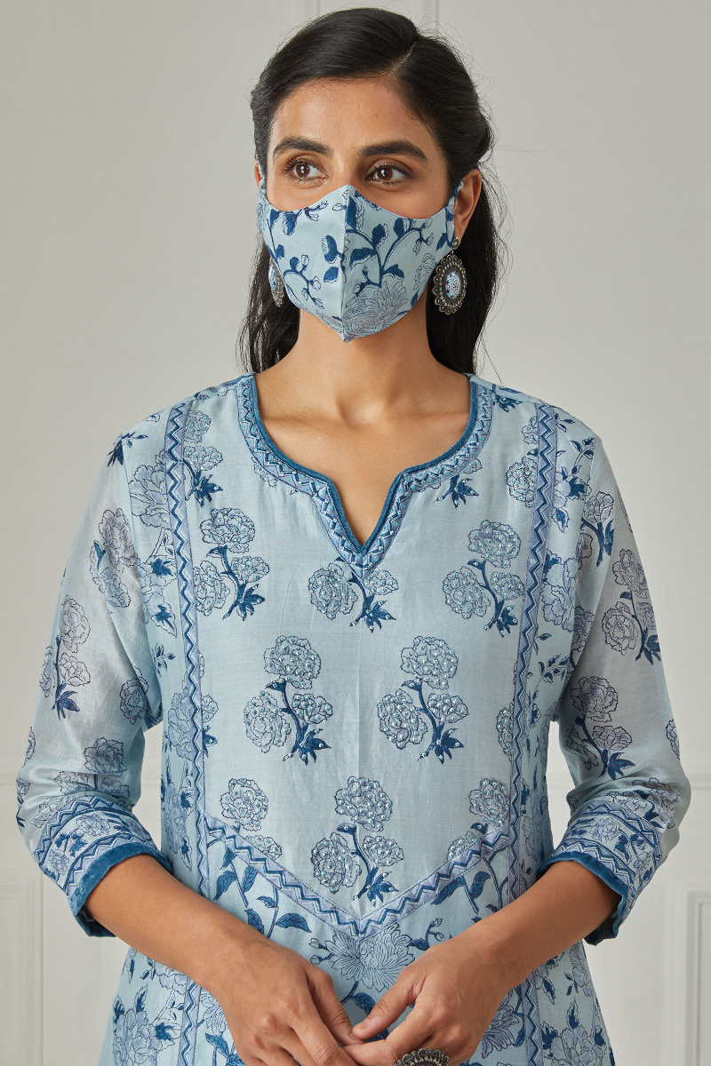 Blue Block Printed A-Line Chanderi Kurta