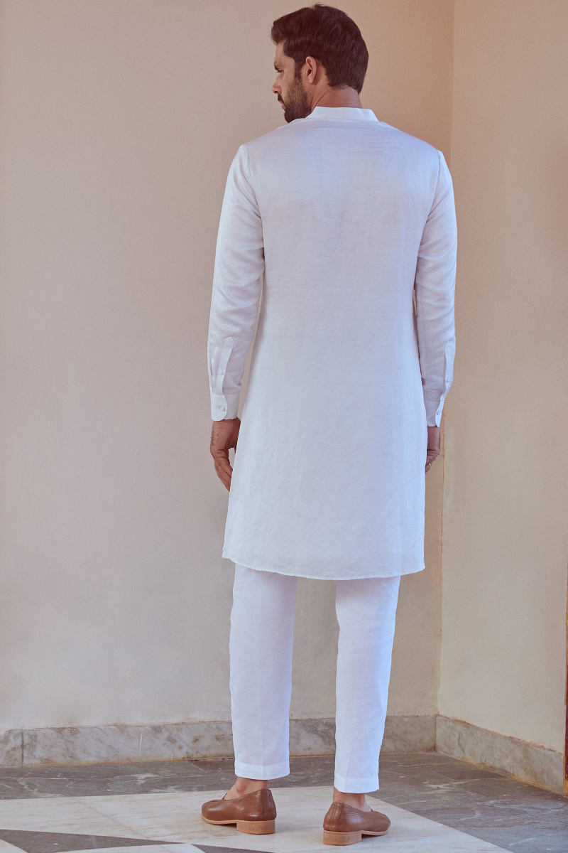 White Handcrafted Linen Satin Kurta