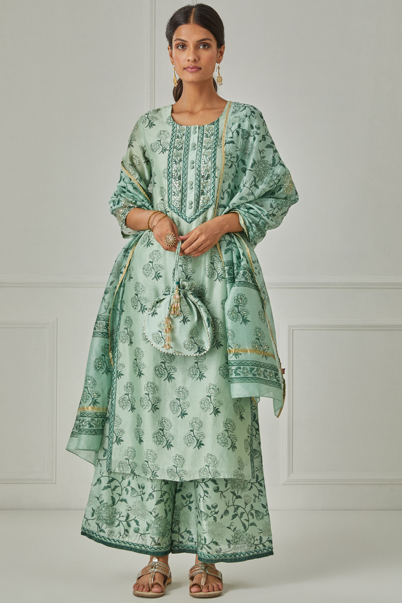 Green Block Printed Chanderi Dupatta