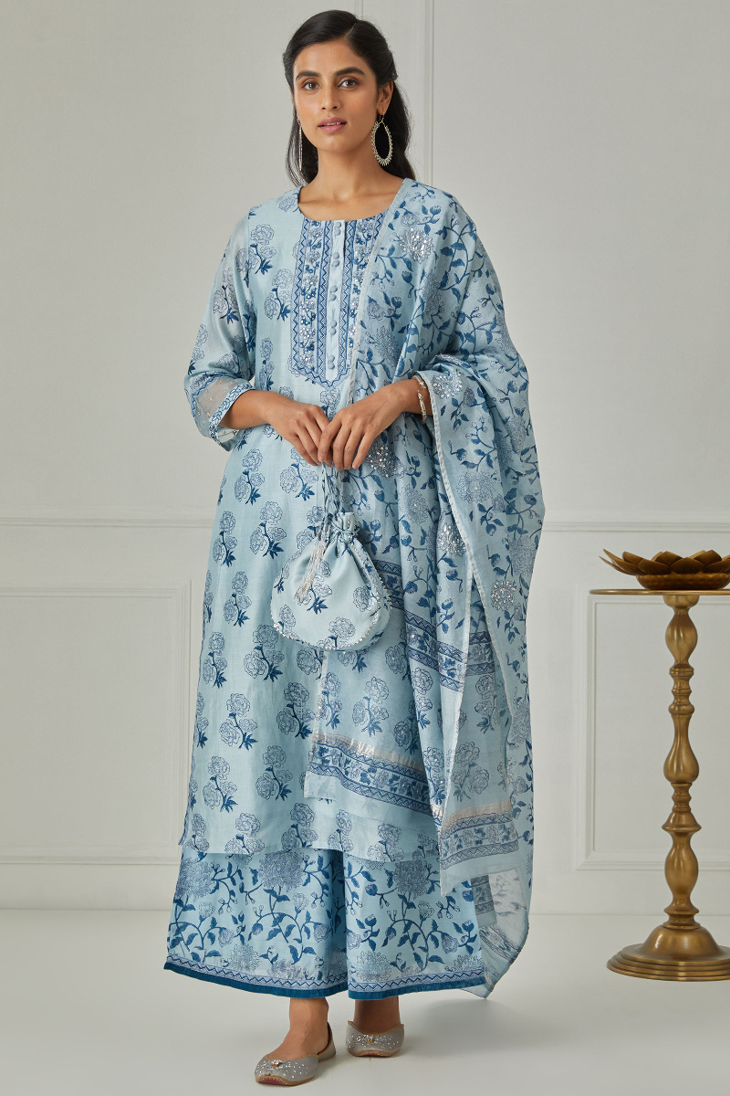 Blue Block Printed Straight Chanderi Kurta