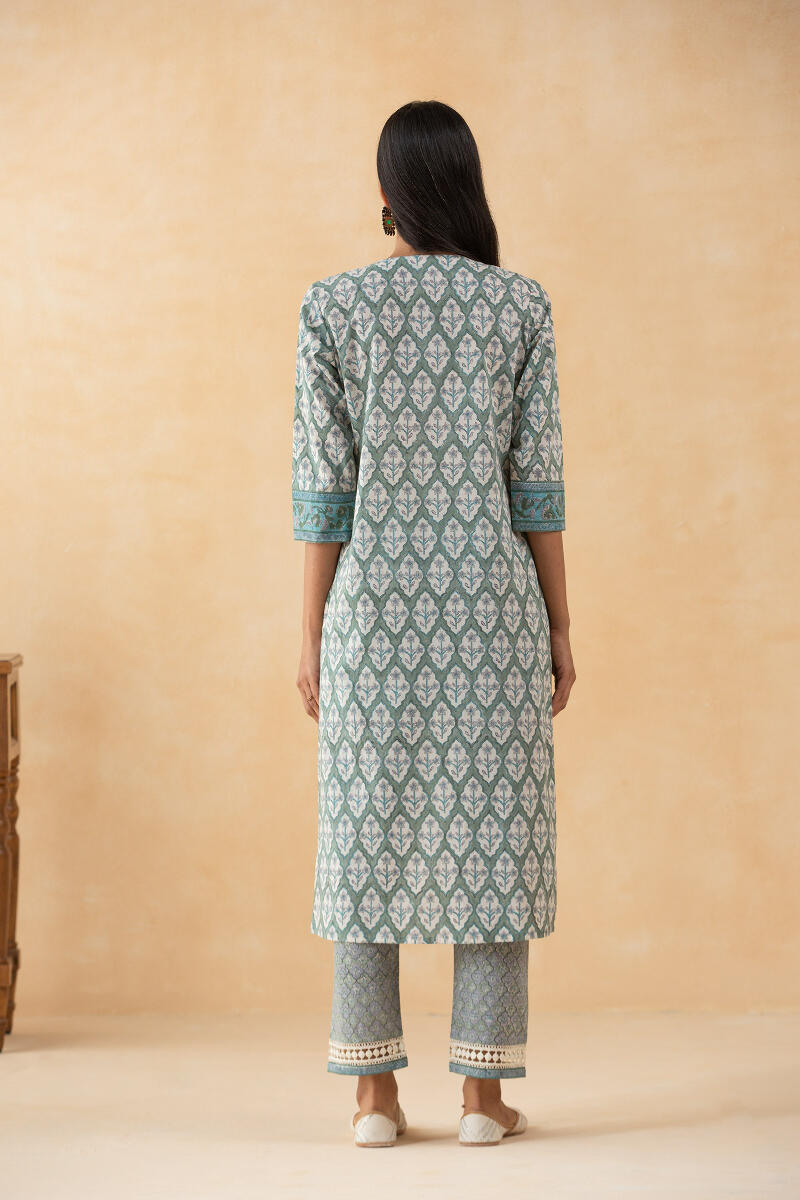 Green Block Printed Straight Cotton Kurta