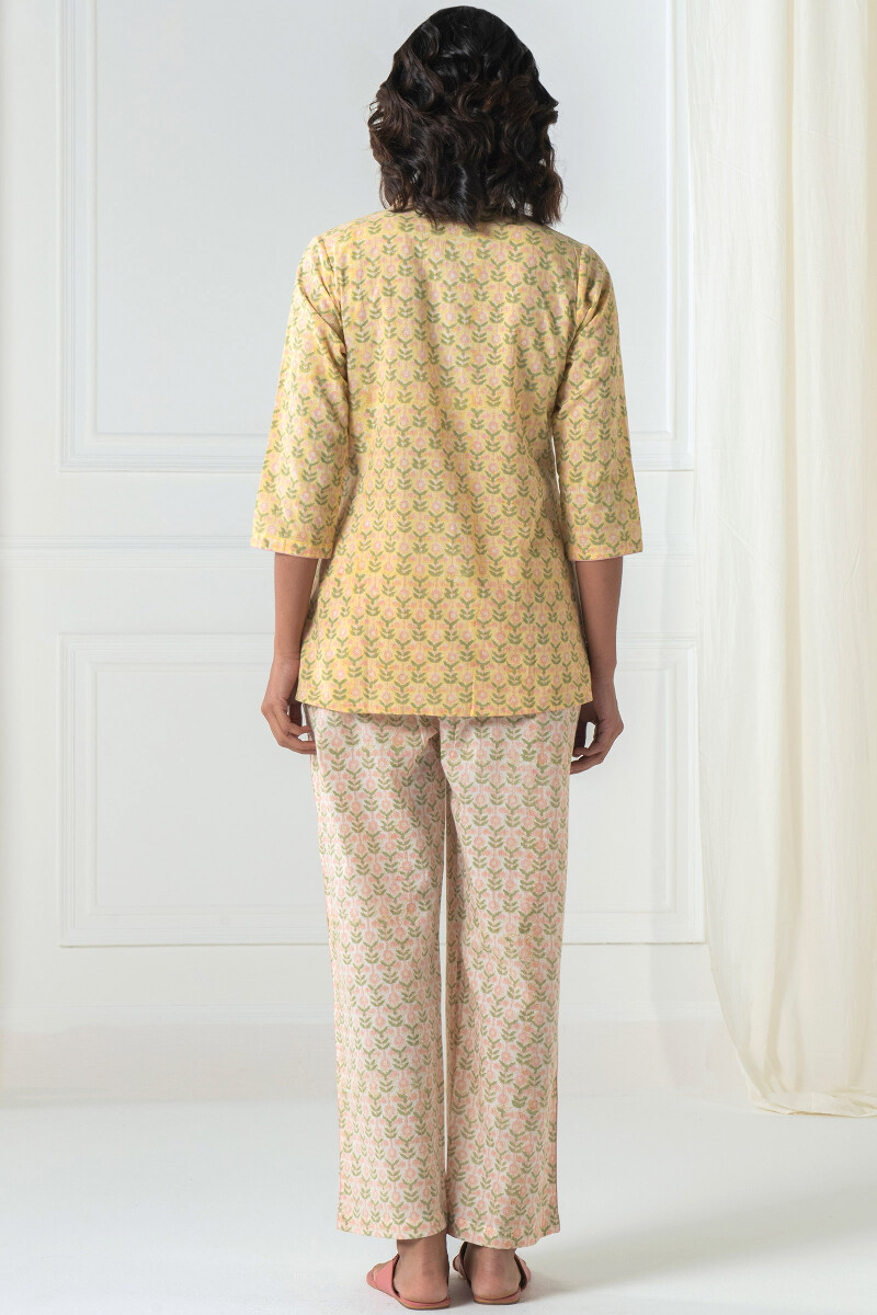 Yellow Block Printed Cotton Pyjama Set