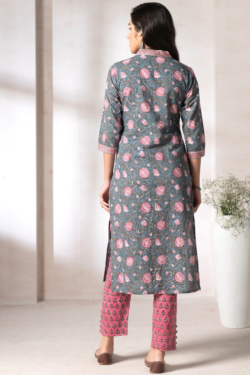 Green Block Printed Straight Cotton Kurta