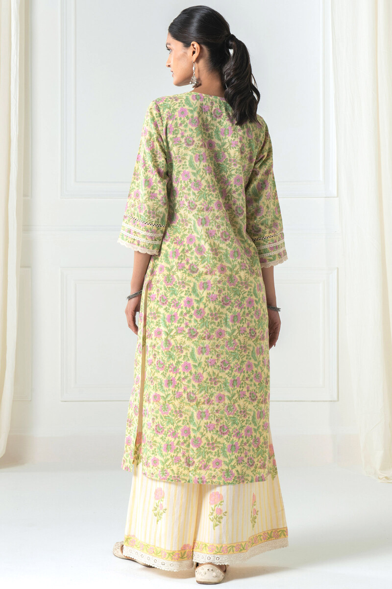 Yellow Block Printed Straight Cotton Kurta