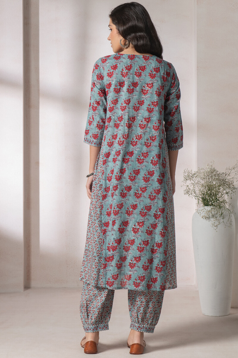 Turquoise Block Printed A-Line Cotton Kurta