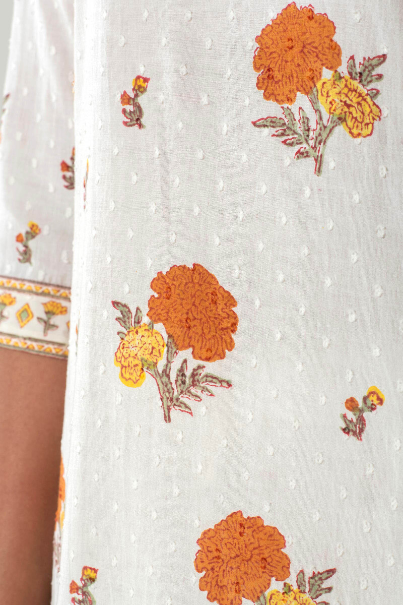 White Block Printed Straight Cotton Dobby Kurta