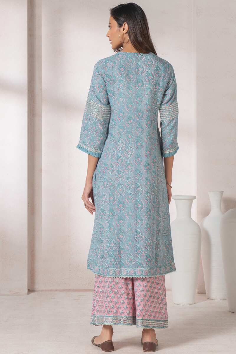 Turquoise Block Printed A-Line Modal Kurta