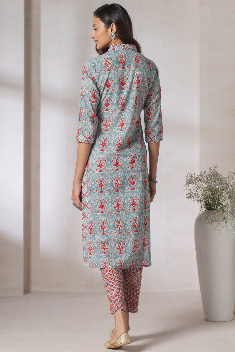 Turquoise Block Printed Straight Cotton Kurta