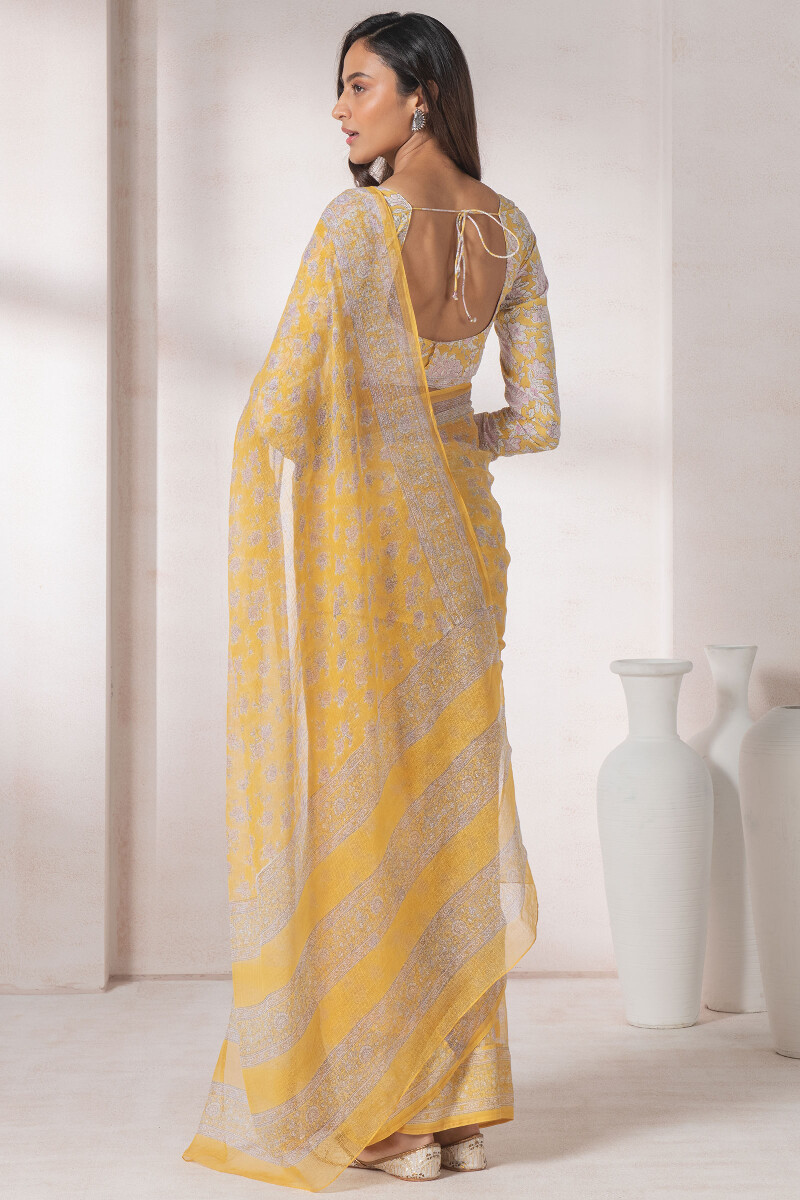 Yellow Block Printed Kota Silk Saree