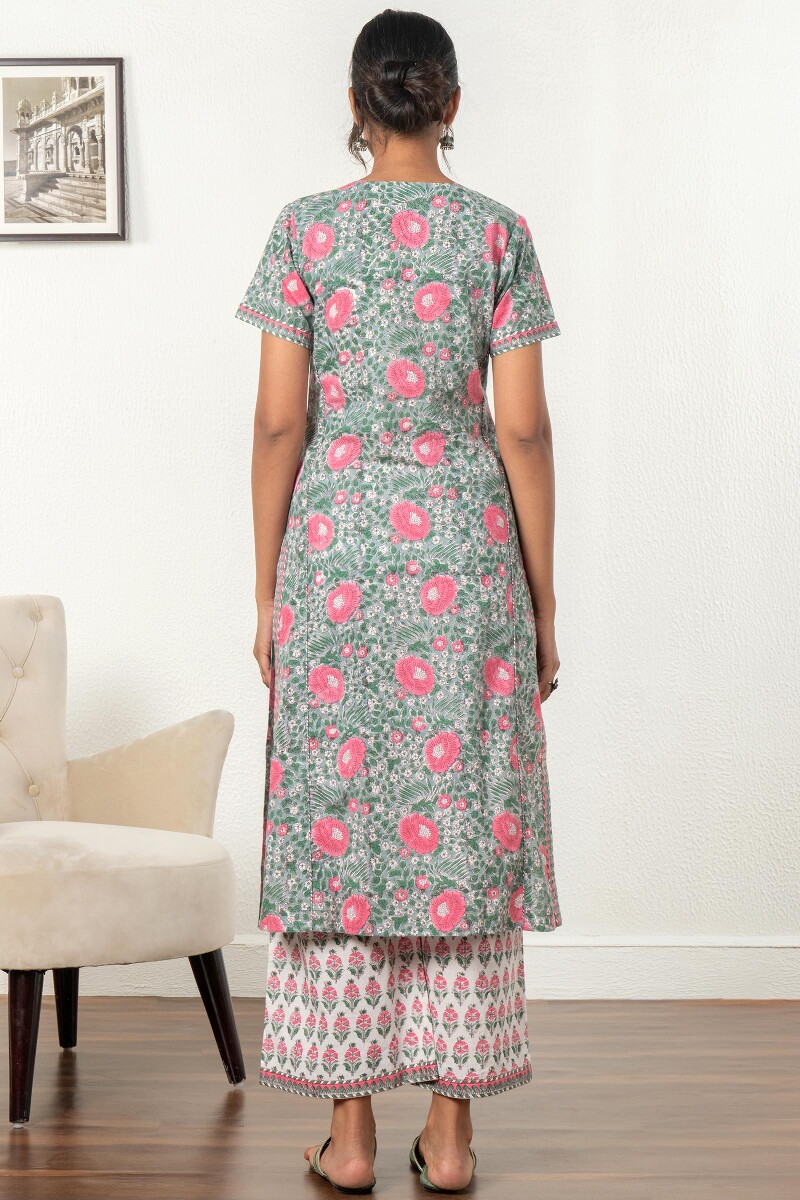 Grey Block Printed A-Line Cotton Kurta