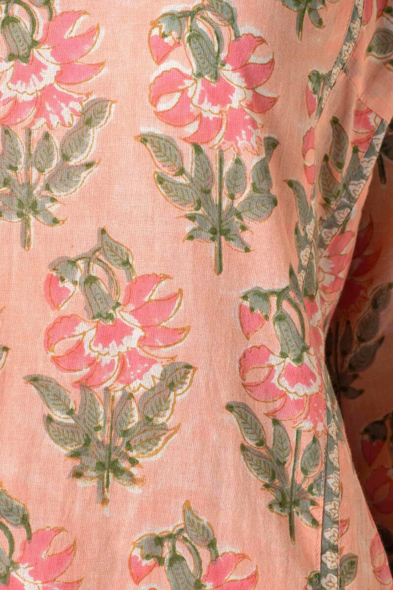 Peach Block Printed A-Line Cotton Kurta