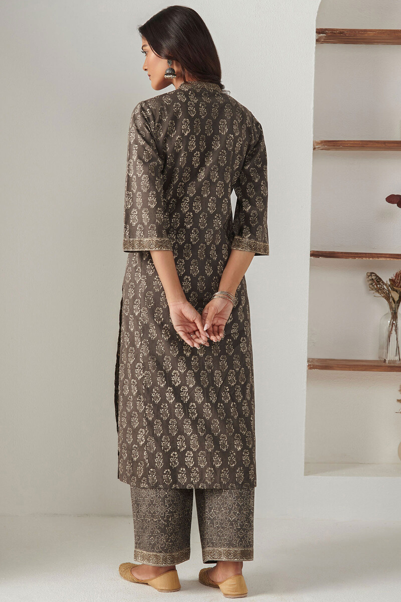 Brown Hand Block Printed Straight Cotton Kurta