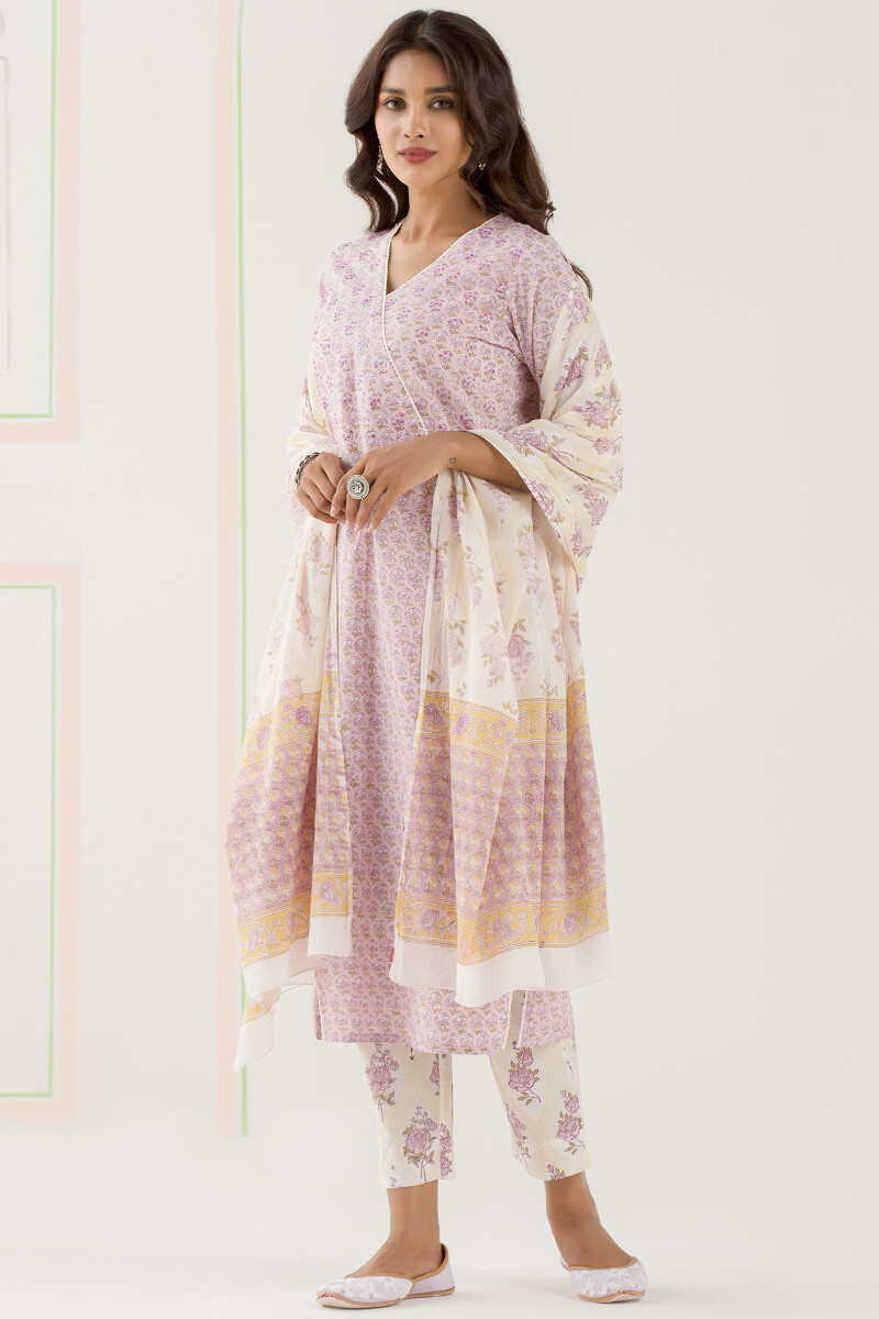 Purple Block Printed Straight Cotton Kurta