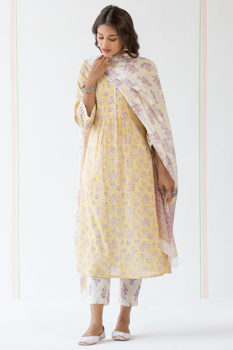 Yellow Block Printed A-Line Cotton Kurta