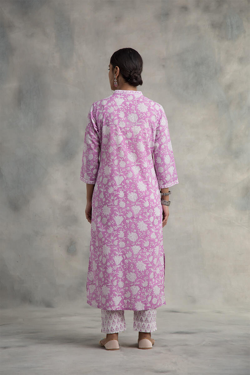 Pink Block Printed Straight Cotton Kurta