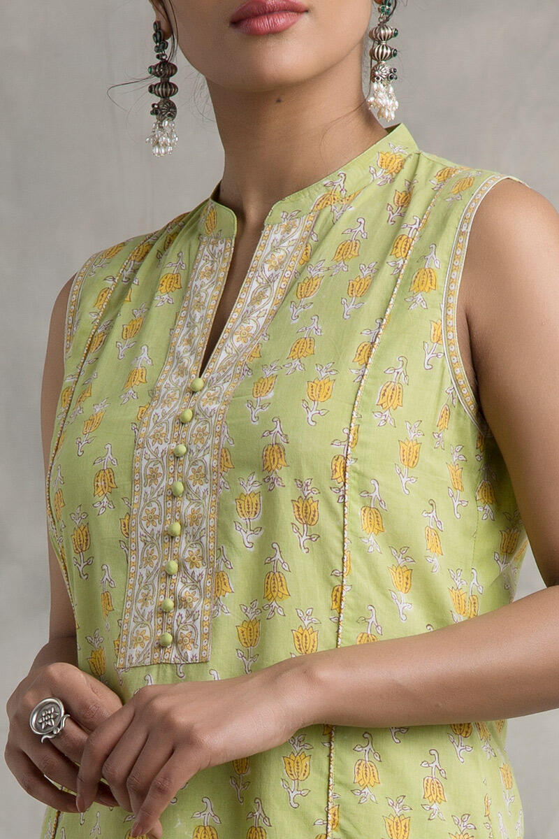 Green Block Printed Straight Cotton Kurta