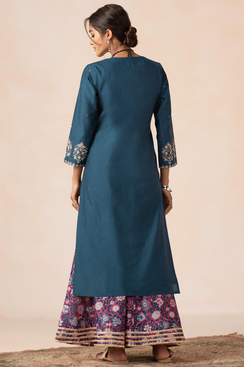 Blue Handcrafted Straight Chanderi Kurta