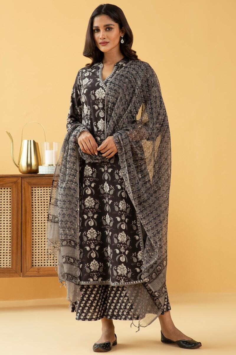 Black Block Printed Angrakha Cotton Kurta