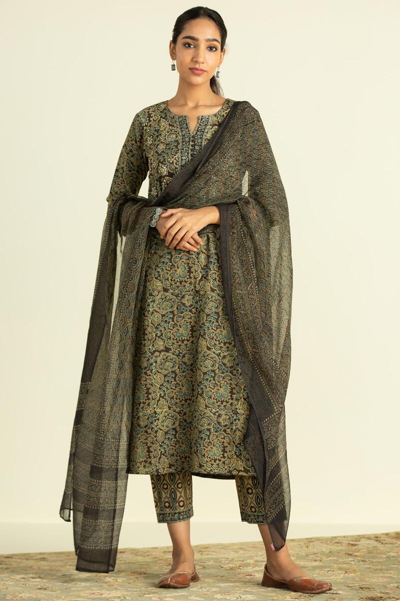 Mustard Block Printed Straight Cotton Kurta