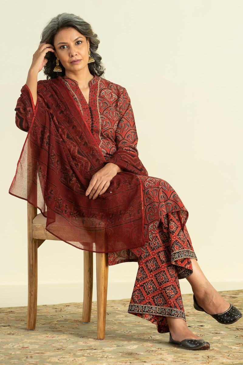 Red Block Printed Kota Dupatta