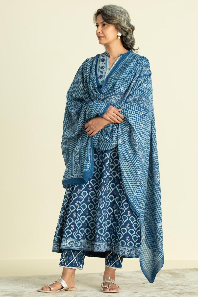 Indigo Block Printed A-Line Cotton Kurta