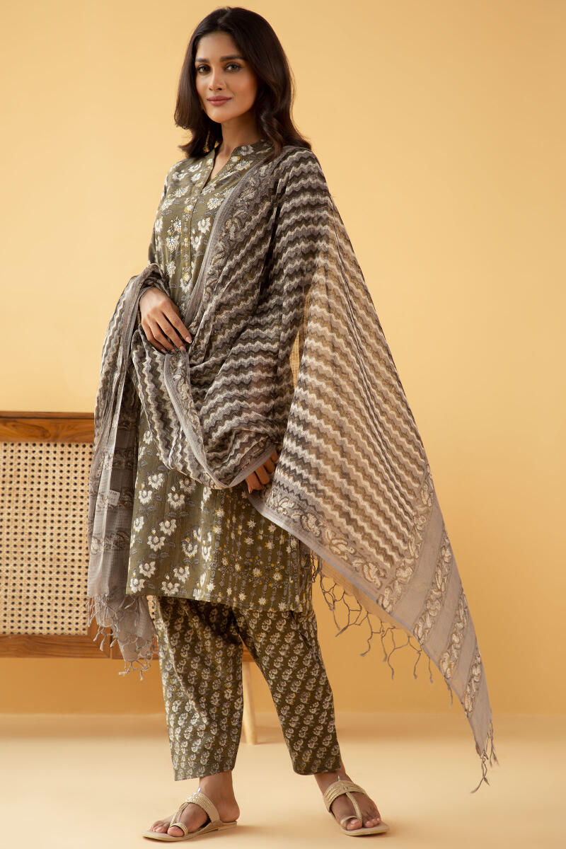 Brown Block Printed A-Line Cotton Kurta