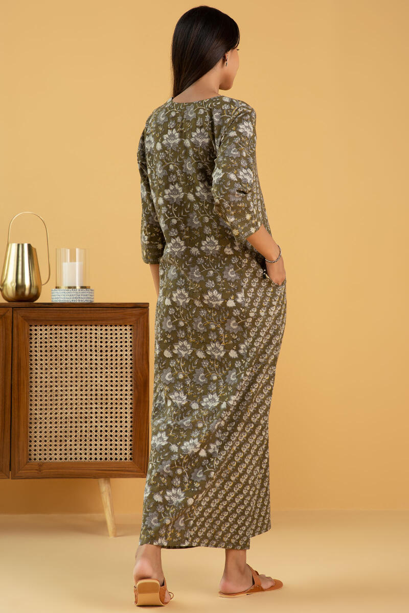 Green Block Printed Cotton Kaftan