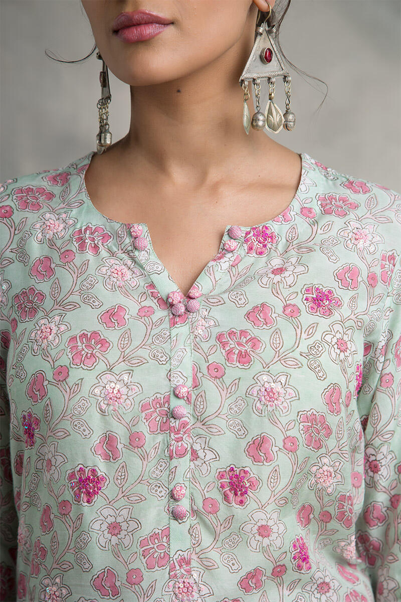 Green Block Printed Straight Muslin Kurta