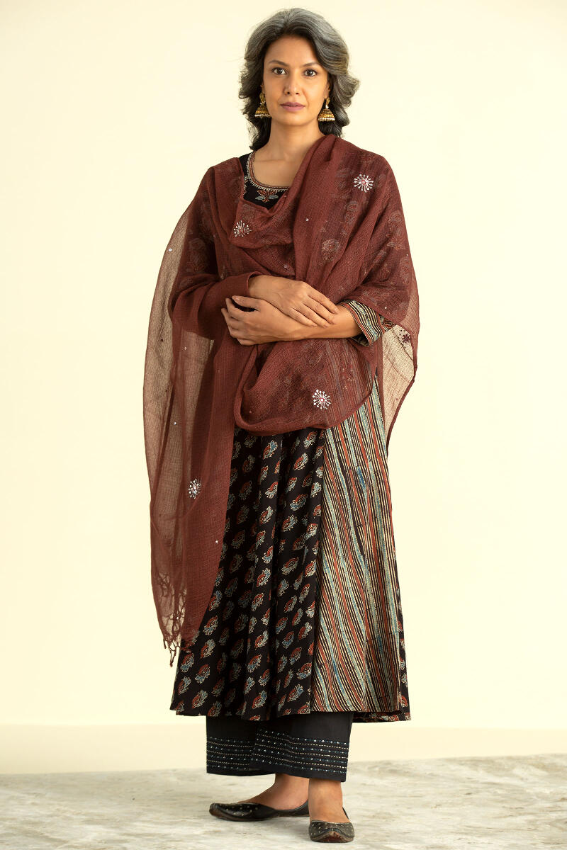 Black Block Printed A-Line Cotton Kurta