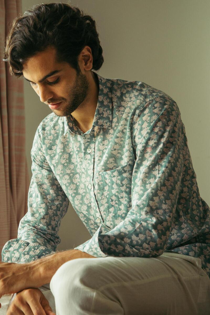 Blue Block Printed Cotton Shirt