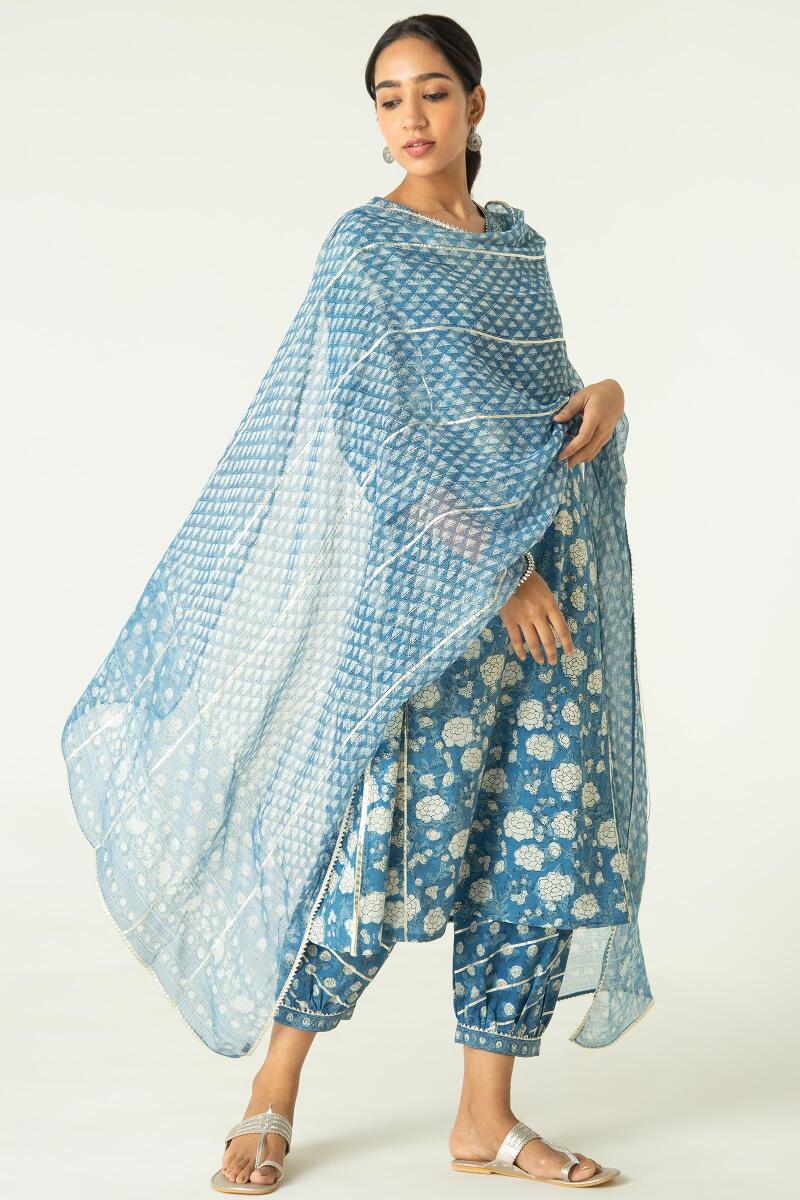 Indigo Block Printed A-Line Cotton Kurta